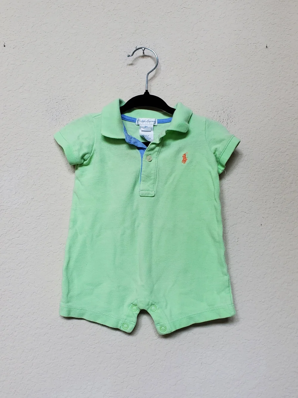 Ralph Lauren Light Green Polo Romper with Orange Pony.  Size 3 Mth